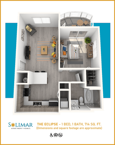 Floor plan for 1 bed, 1 bath, 714 sqft